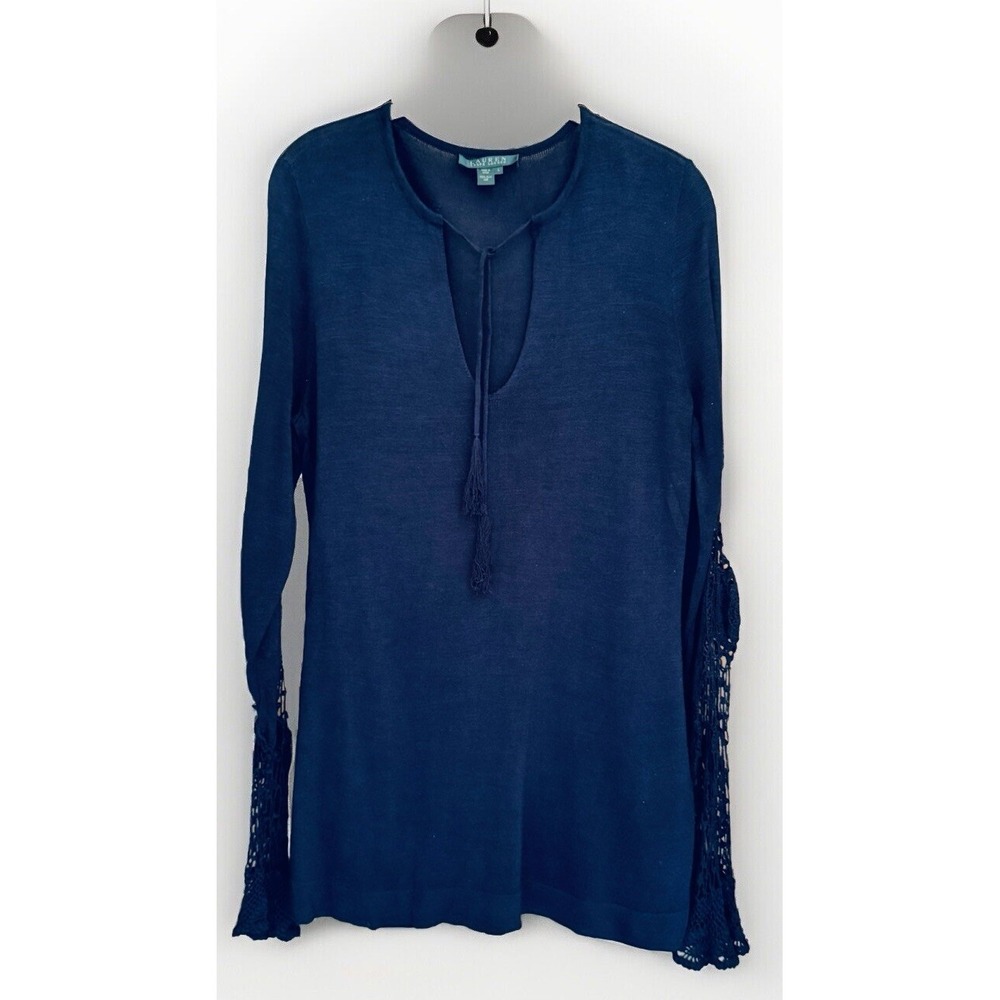 LAUREN RALPH LAUREN Blouse Women's L Blue 100% Silk Crochet Sleeve V-Neck BOHO